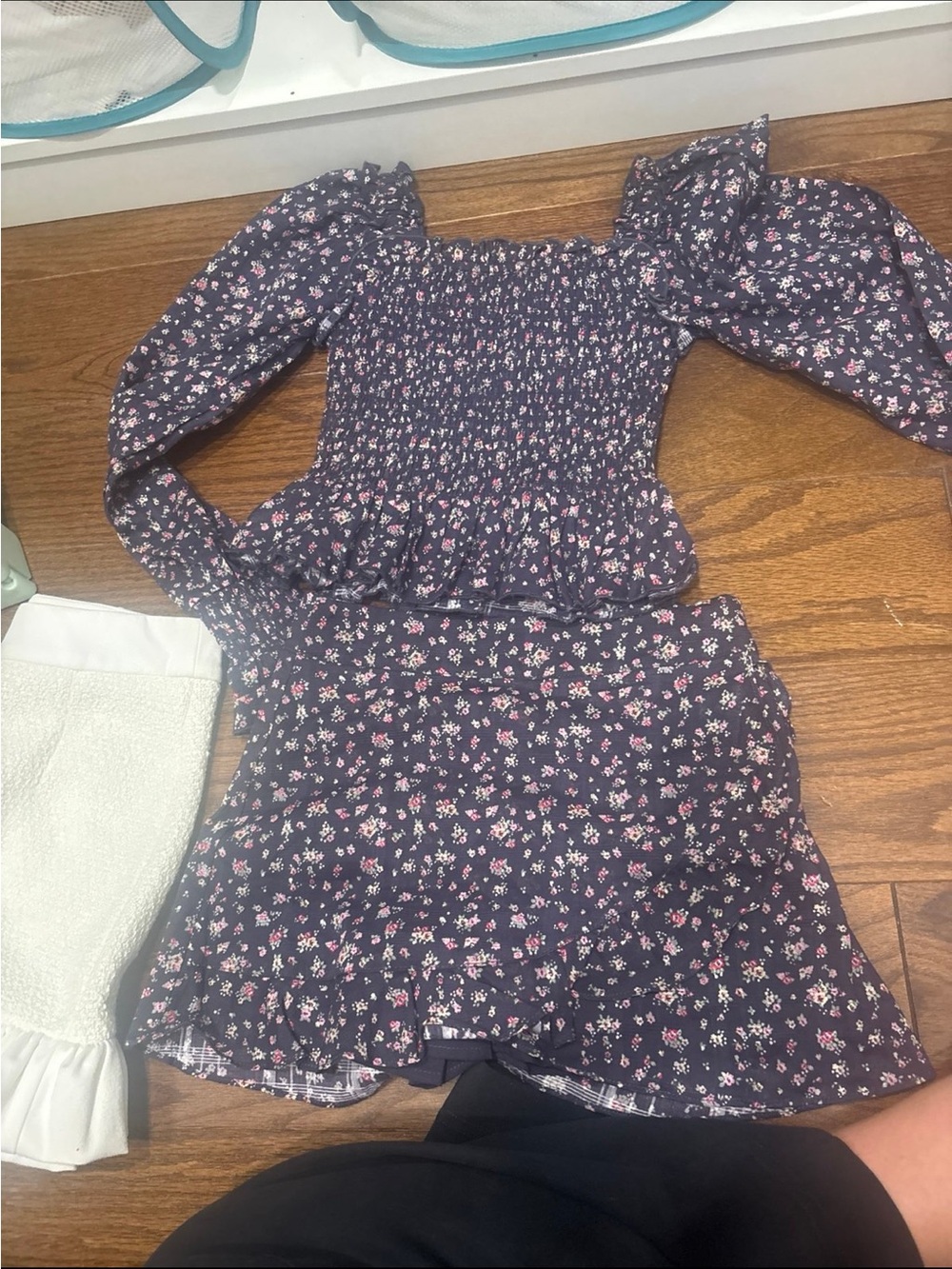 Katie J NYC Navy Floral Smocked Top & Skirt Set